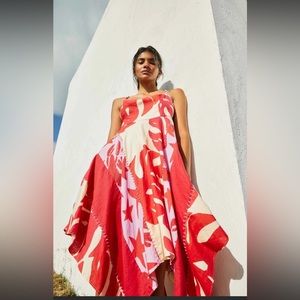 Farm Rio NWT Red Multi Monstera Asymmetrical Midi Dress Size S